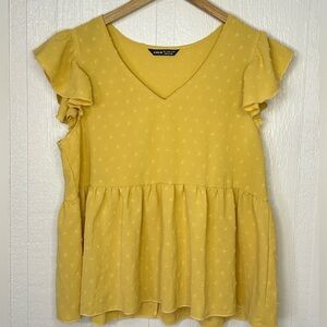 SHEIN Women’s Short Flutter Sleeve Swiss Polka Dot Peplum Blouse Top Yellow Sz L